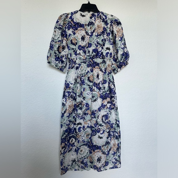 Tuckernuck Puff Sleeve Naomi Midi Dress Blue White Tan Size Small - Picture 9 of 13